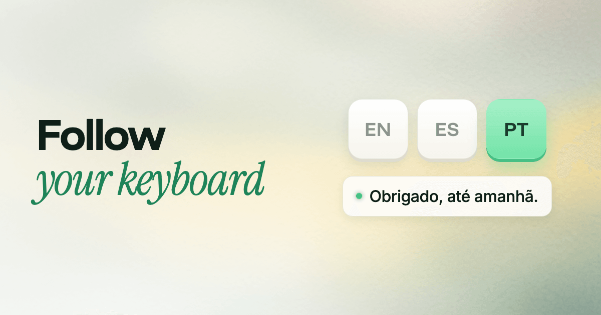 A row of keyboard layout keys with PT selected, above a Portuguese sentence transcribed correctly