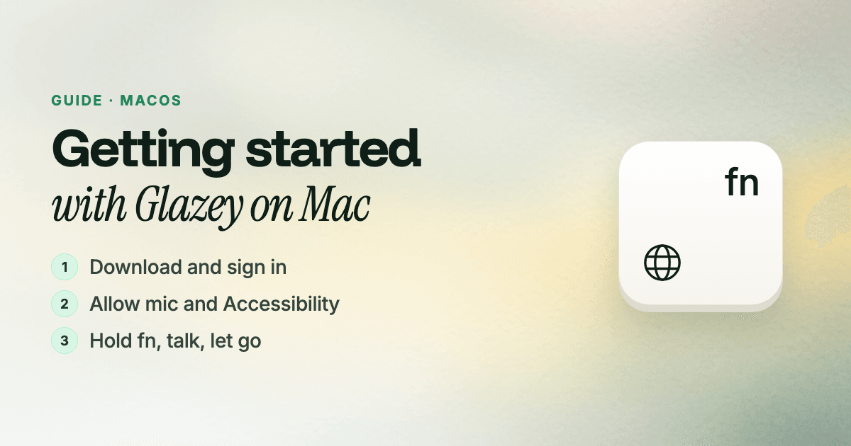 The fn key and a MacBook notch with Glazey's waveform beside it, next to the guide's three steps