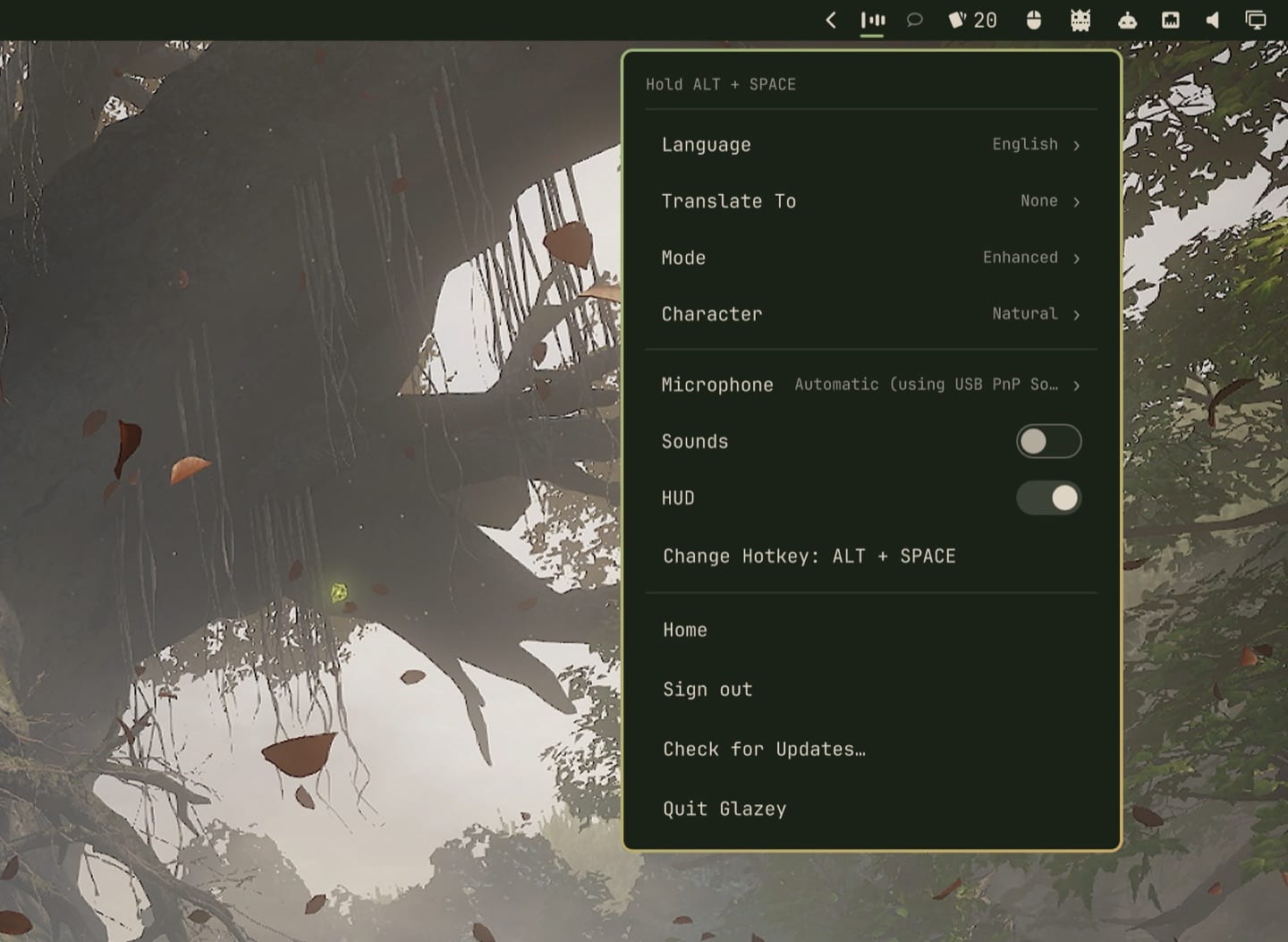 The Glazey menu open from the Omarchy bar, with rows for Language, Translate To, Mode, Character, Microphone, Sounds, HUD and Change Hotkey