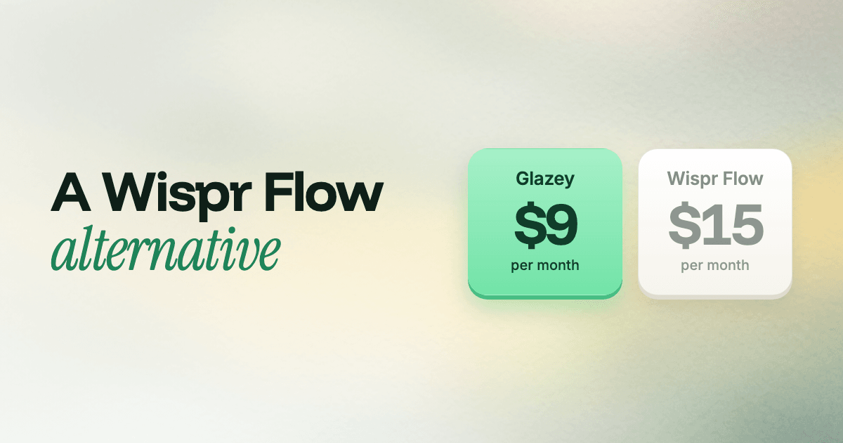 Glazey as a Wispr Flow alternative, with two price cards, Glazey $9 per month in mint and Wispr Flow $15 per month in gray